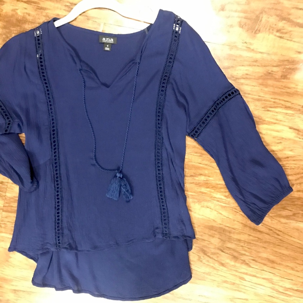 Navy long sleeve a.n.a BOHO top with tassels,small